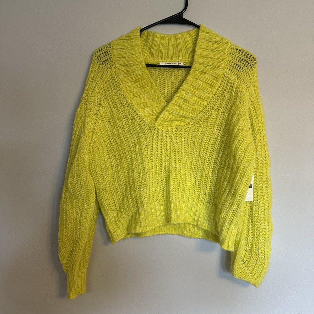 Anthropologie Neon Yellow V-Neck Pullover Sweater NWT XSP Petite